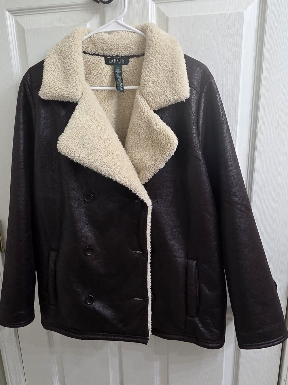 Ralph Lauren Brown Faux Leather Double-Breasted Jacket with Cream Shearling